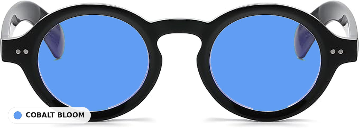 Amelie Black eyeglasses with Cobalt Bloom lens tint