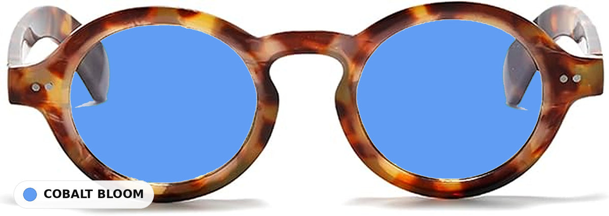 Amelie Tortoise eyeglasses with Cobalt Bloom lens tint