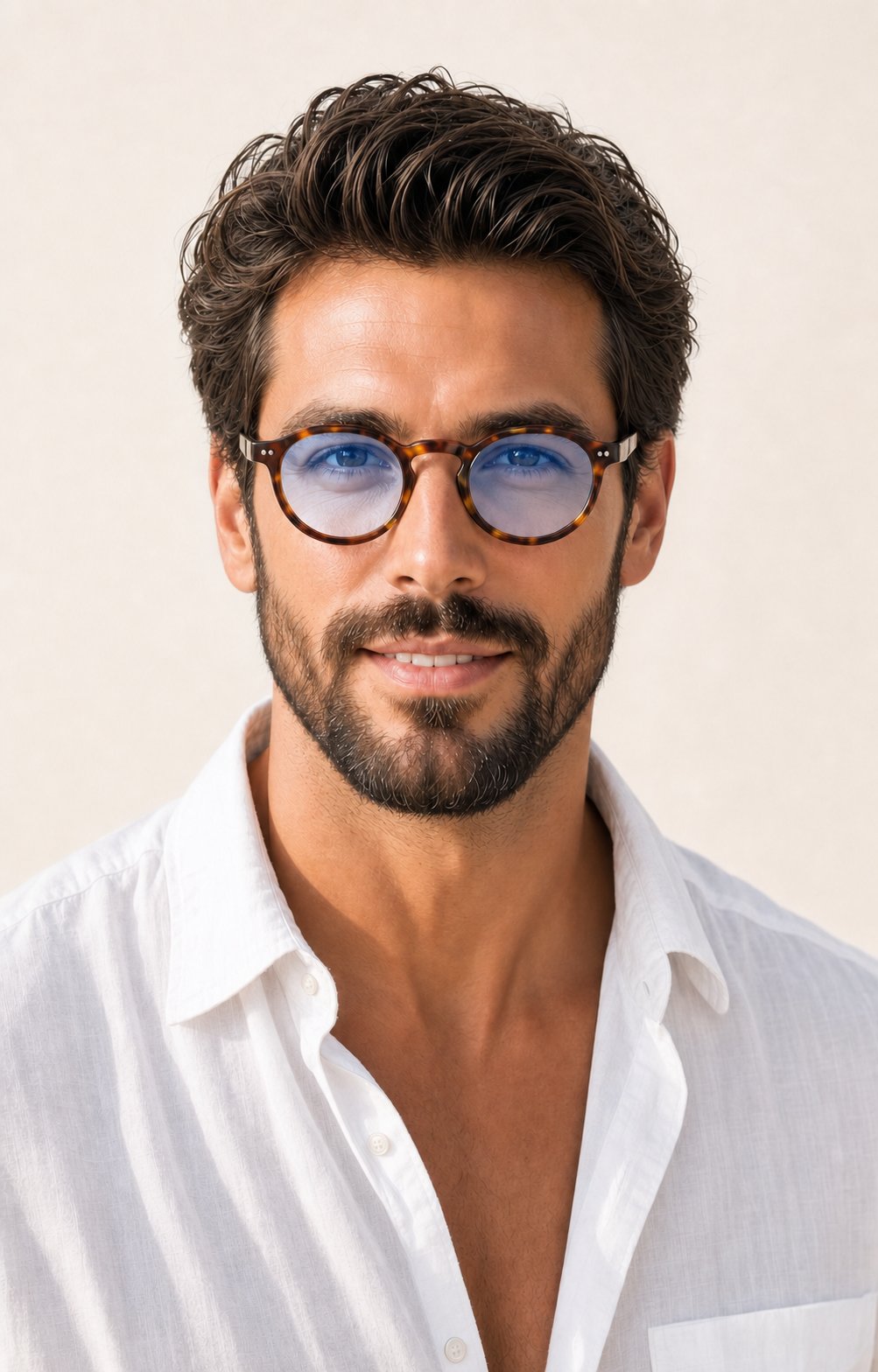 Male model wearing tortoise glasses with Skyline Fade tint