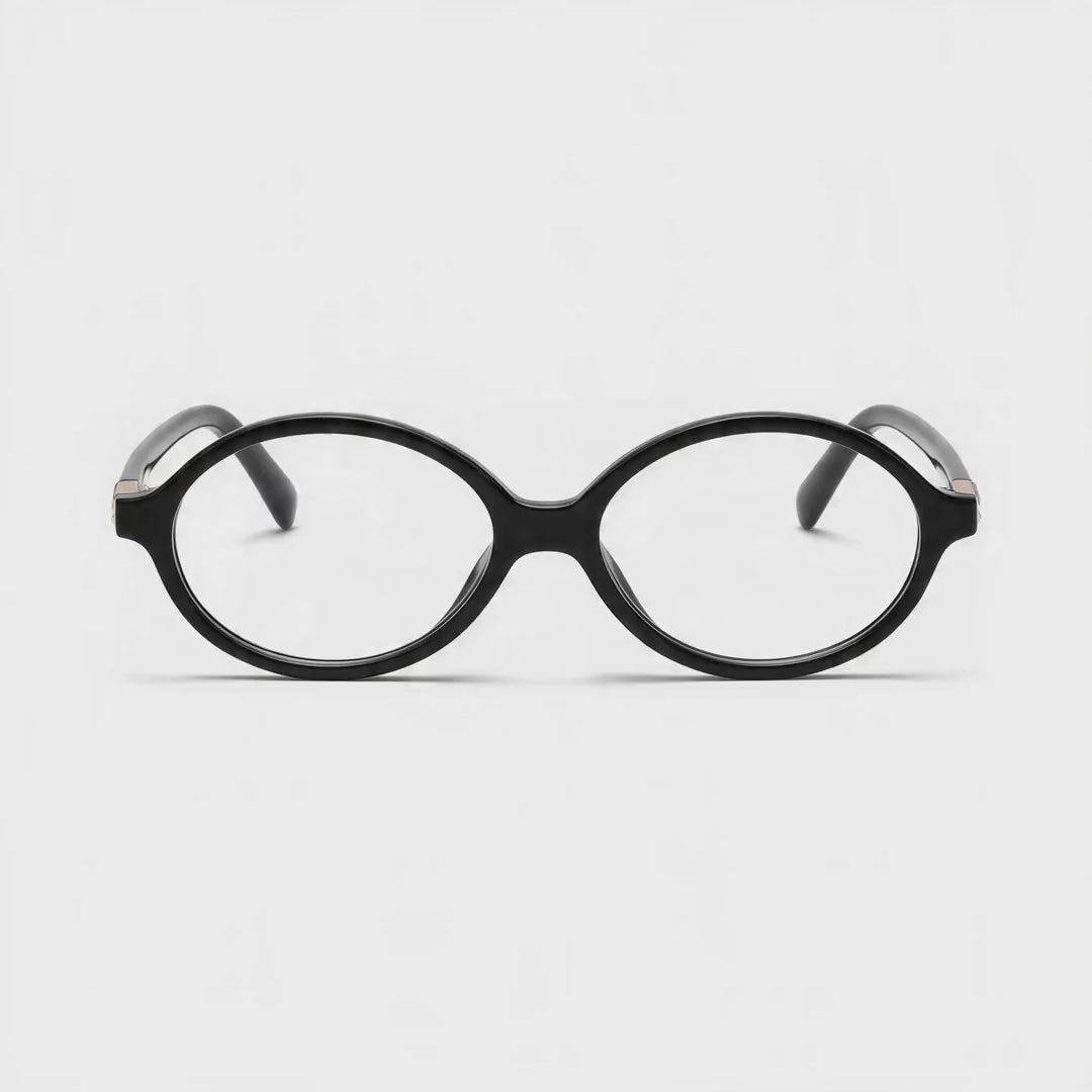 360-degree spinning view of the Camille Black retro oval prescription glasses
