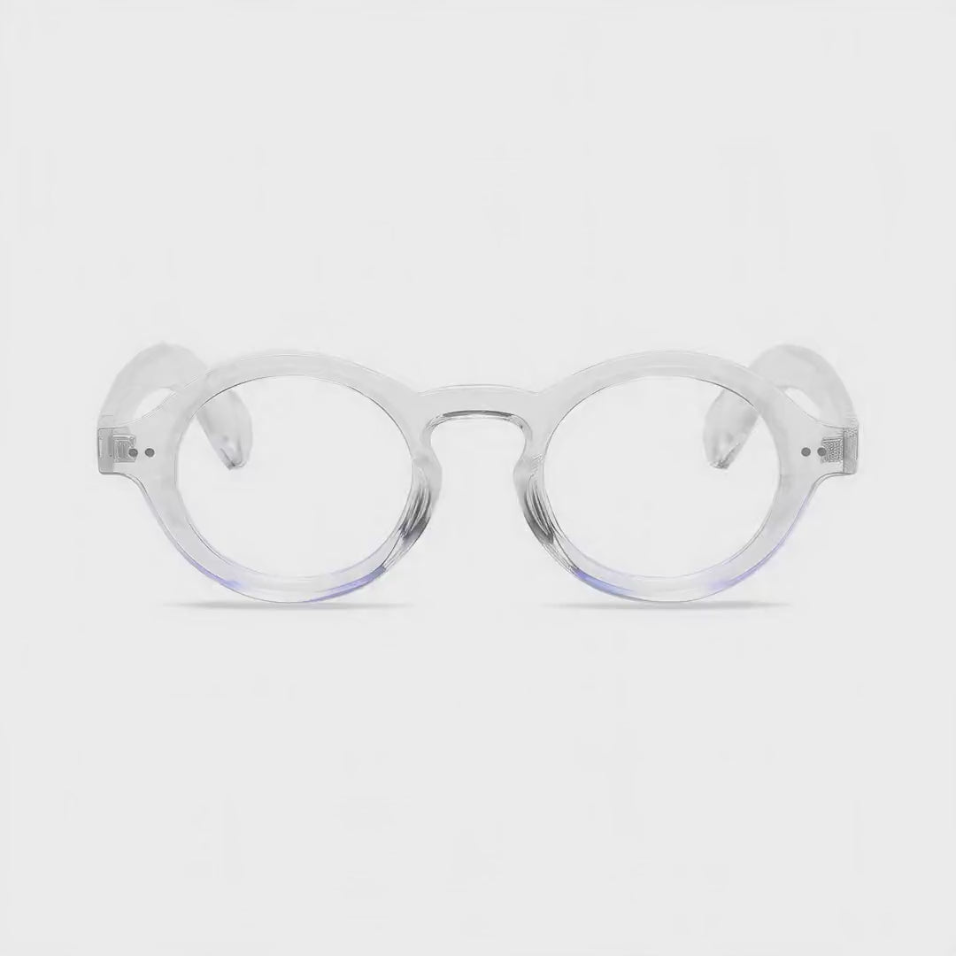 360-degree spinning view of the Amelie Clear small round prescription glasses